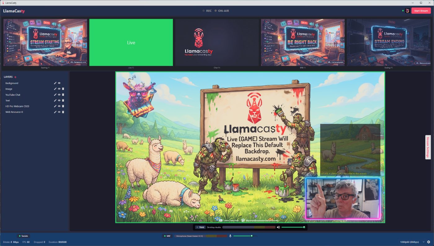 ytLlive — main window with scenes, sources, and live preview
