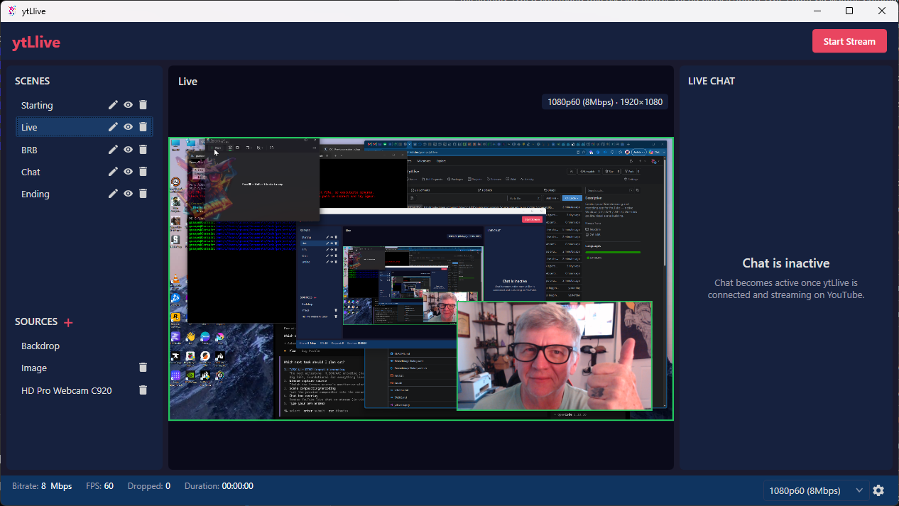 ytLlive — main window with scenes, sources, and live preview
